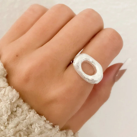 925 Sterling Silver Oval Ring Texture Ring Matte Ring Modern Geometric Ring - Picture 2 of 9